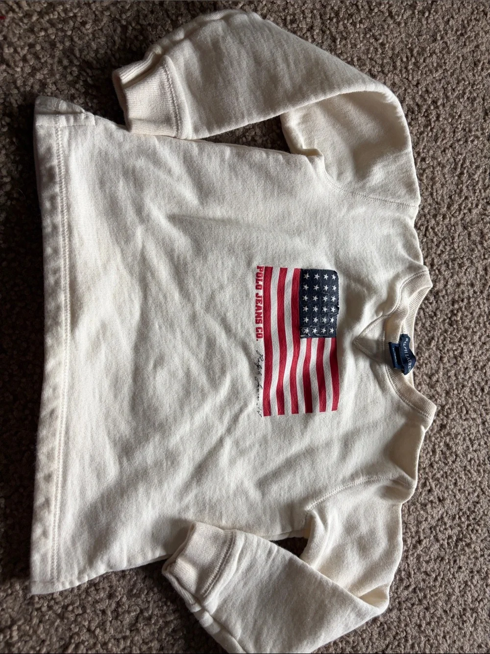 B41 Y2K 5t Ralph Lauren Cream Long Sleeve Sweatshirt with American Flag Patch